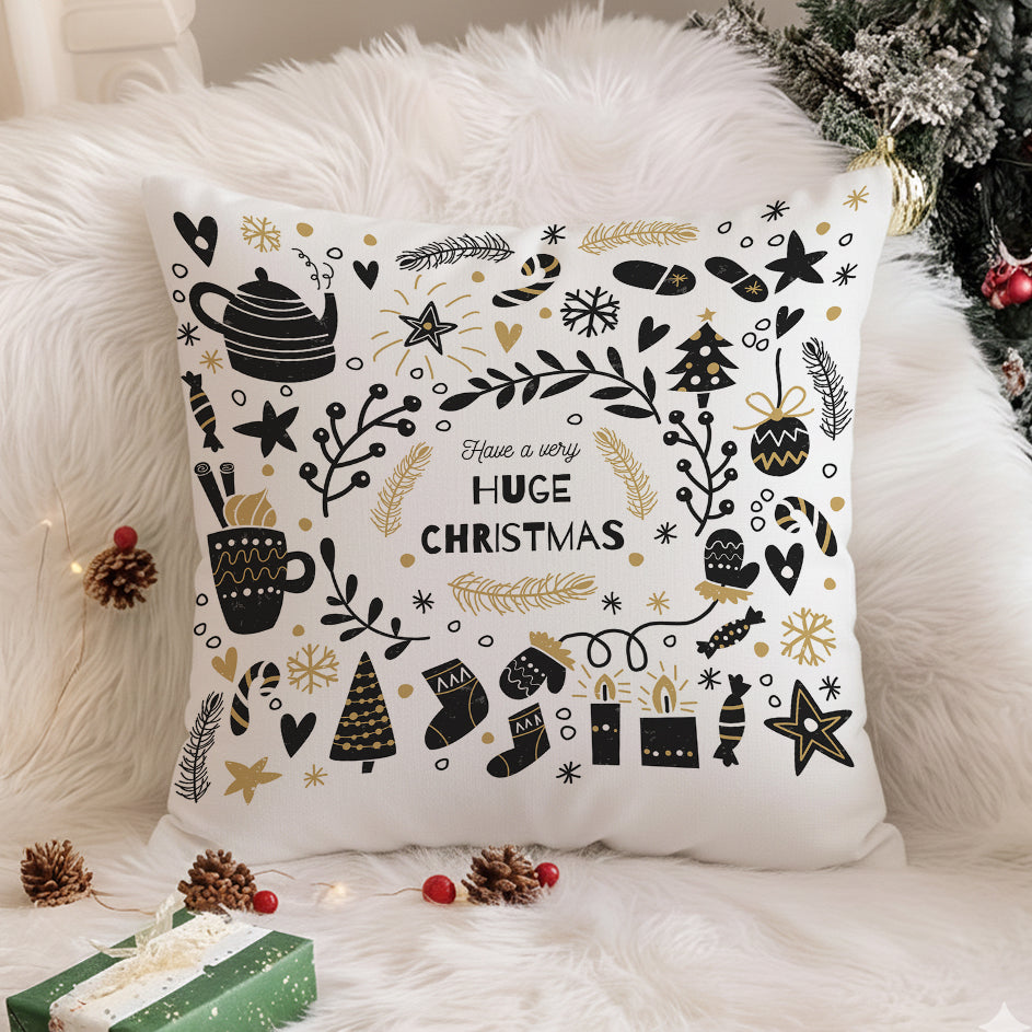 Modern Christmas Doodle Art Cushion Cover - 16x16 Inches