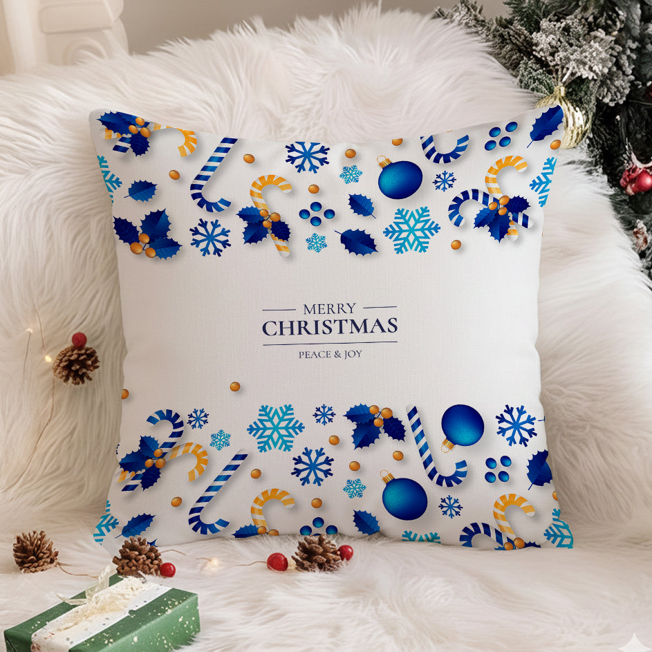 Elegant Merry Christmas Cushion Cover – Blue & White Winter Design