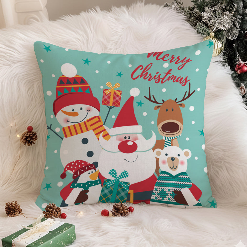 Merry Christmas Cartoon Character Cushion Cover – Santa, Snowman & Reindeer - 16x16 Inches