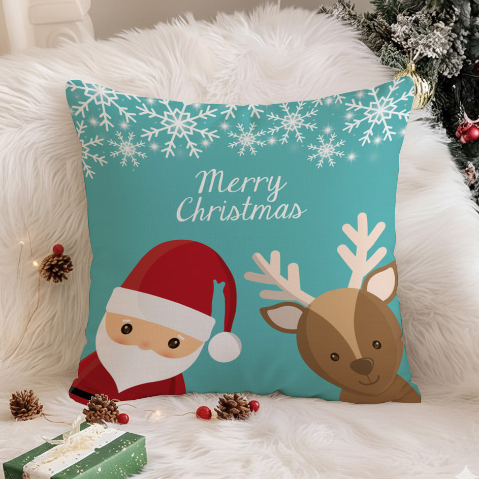 Merry Christmas Cushion Cover with Santa & Reindeer – 16x16 Inches