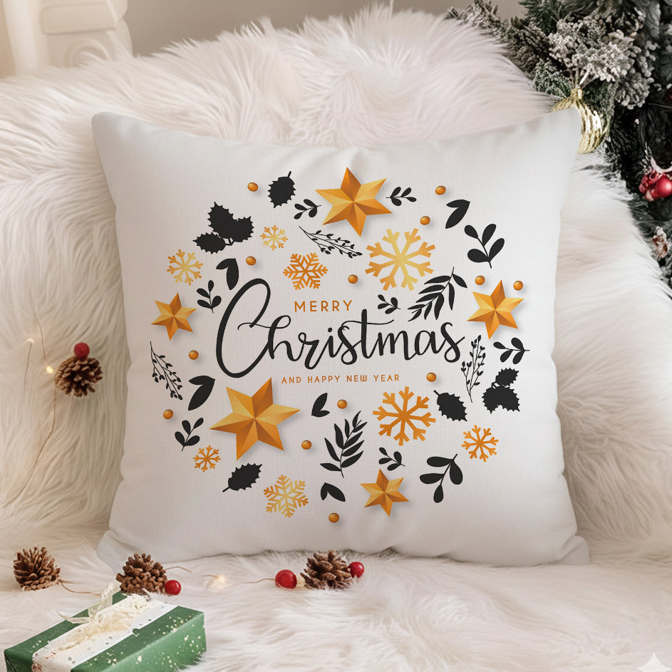 Premium Merry Christmas Cushion Cover – Golden Star Wreath Design – 16x16 Inches
