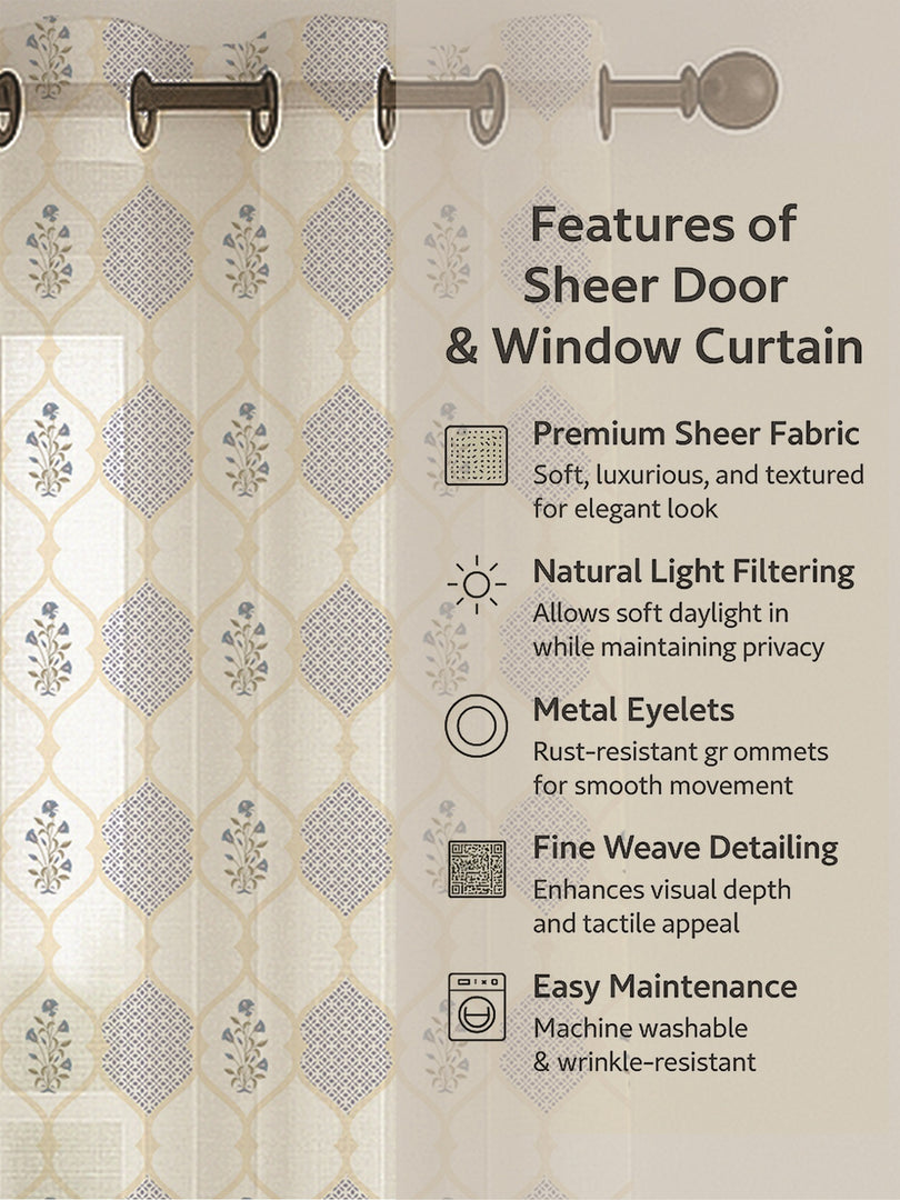 Set of 3 Door Curtains | 2 Geometric Printed + 1 Solid Sheer for Bedroom Living room | Grey