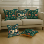 Load image into Gallery viewer, Satin Cushion Covers Green Ethnic Print with Cow, Lotus &amp; Bell Art | 16x16 Inches |Set of 5
