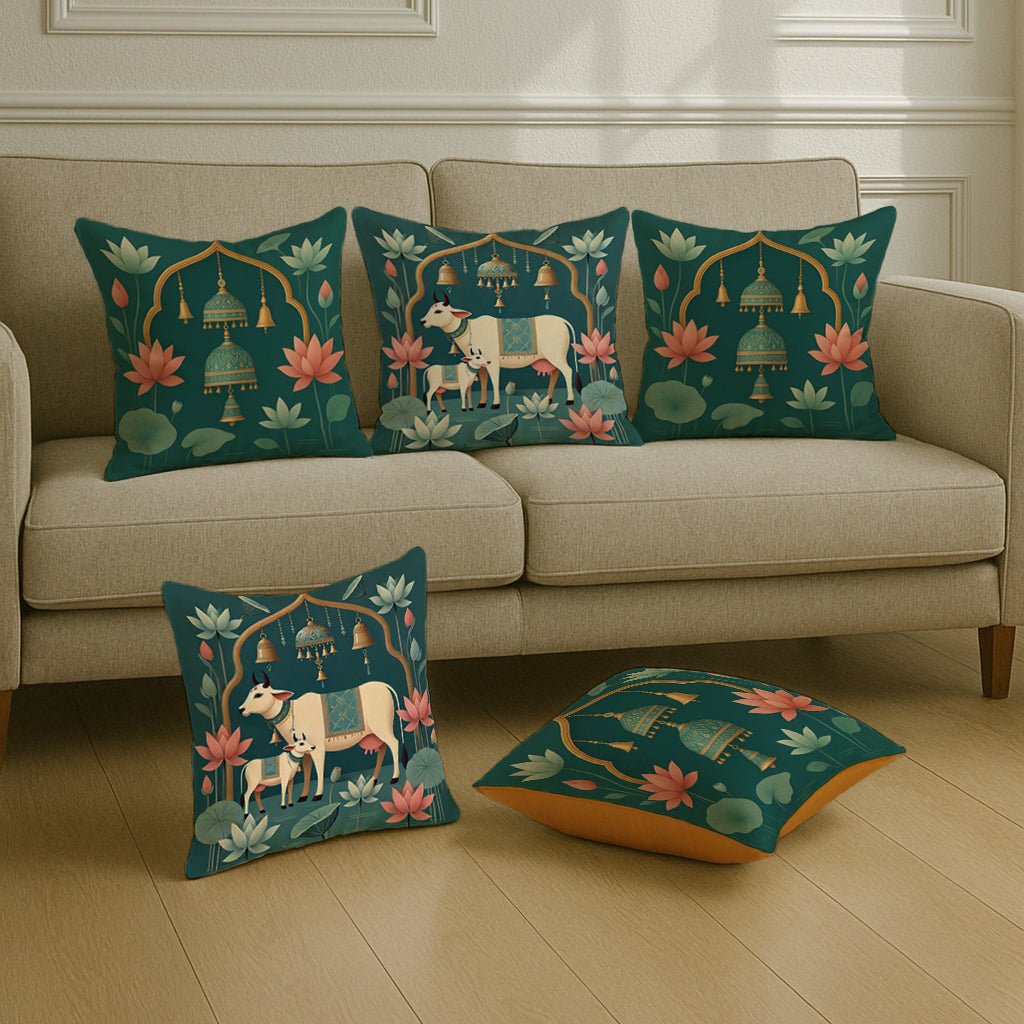 Satin Cushion Covers Green Ethnic Print with Cow, Lotus & Bell Art | 16x16 Inches |Set of 5