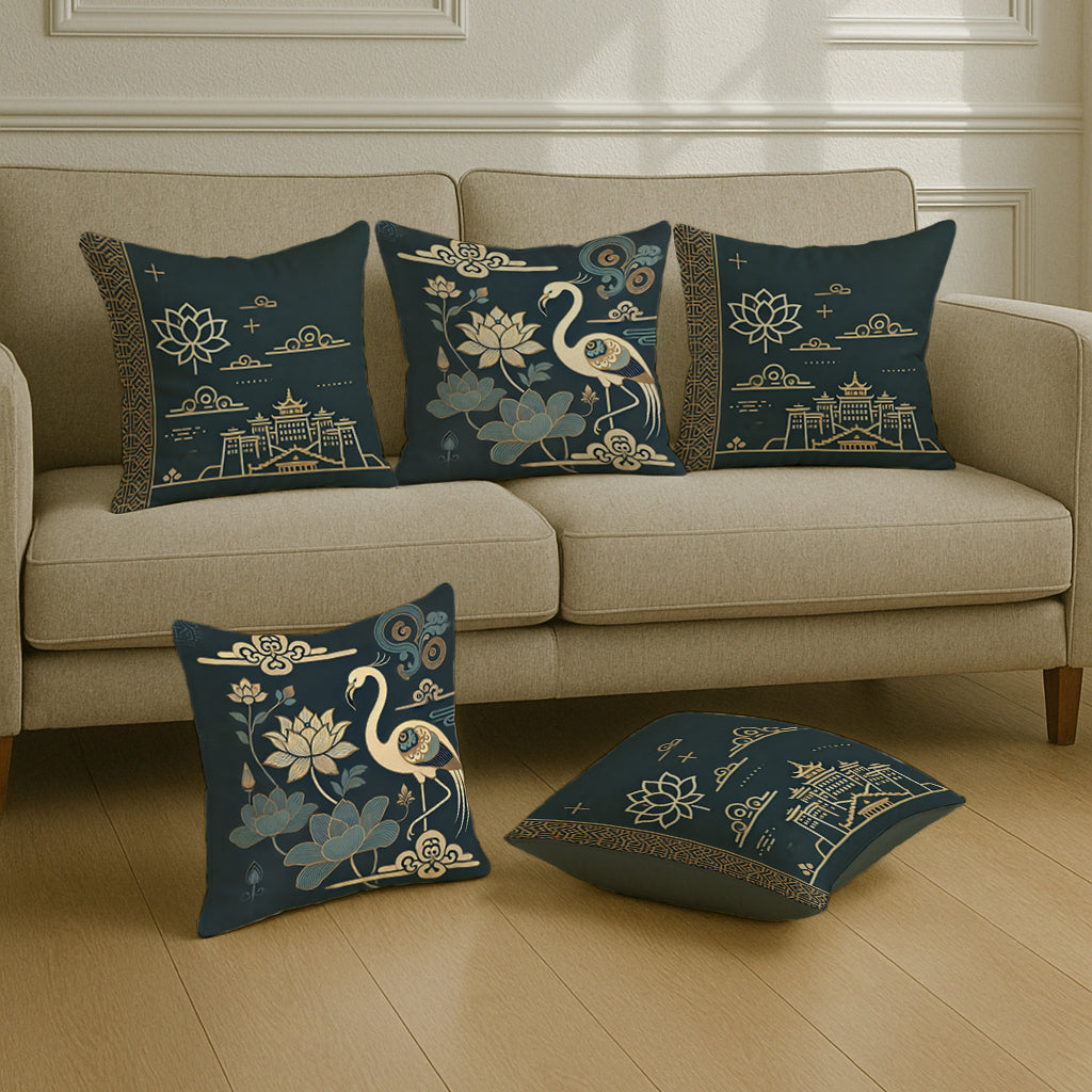 Elegant Satin Cushion Covers – Lotus Pattern & Gold Detailing for Ethnic Interiors | 16x16 Inches | Set of 5