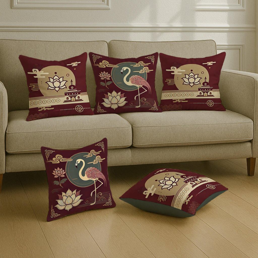 Satin Oriental Flamingo & Lotus Print in Maroon and Gold Cushion Covers | 16x16 Inches | Set of 5