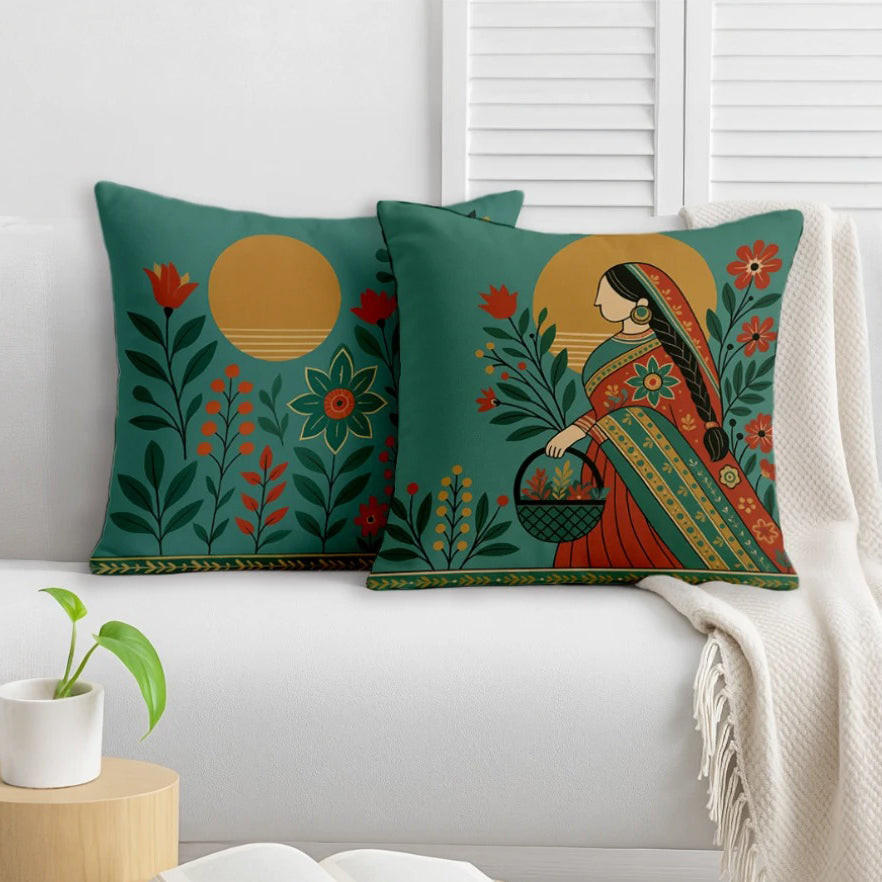 Satin Elegant Woman in Saree with Basket & Flowers Cushion Covers | 24x24 Inches | Set of 2