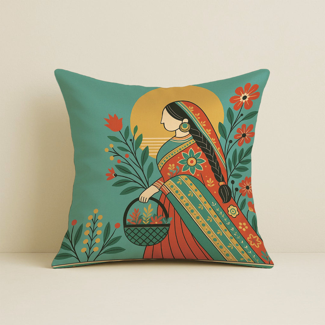 Satin Elegant Woman in Saree with Basket & Flowers Cushion Covers | 24x24 Inches | Set of 2