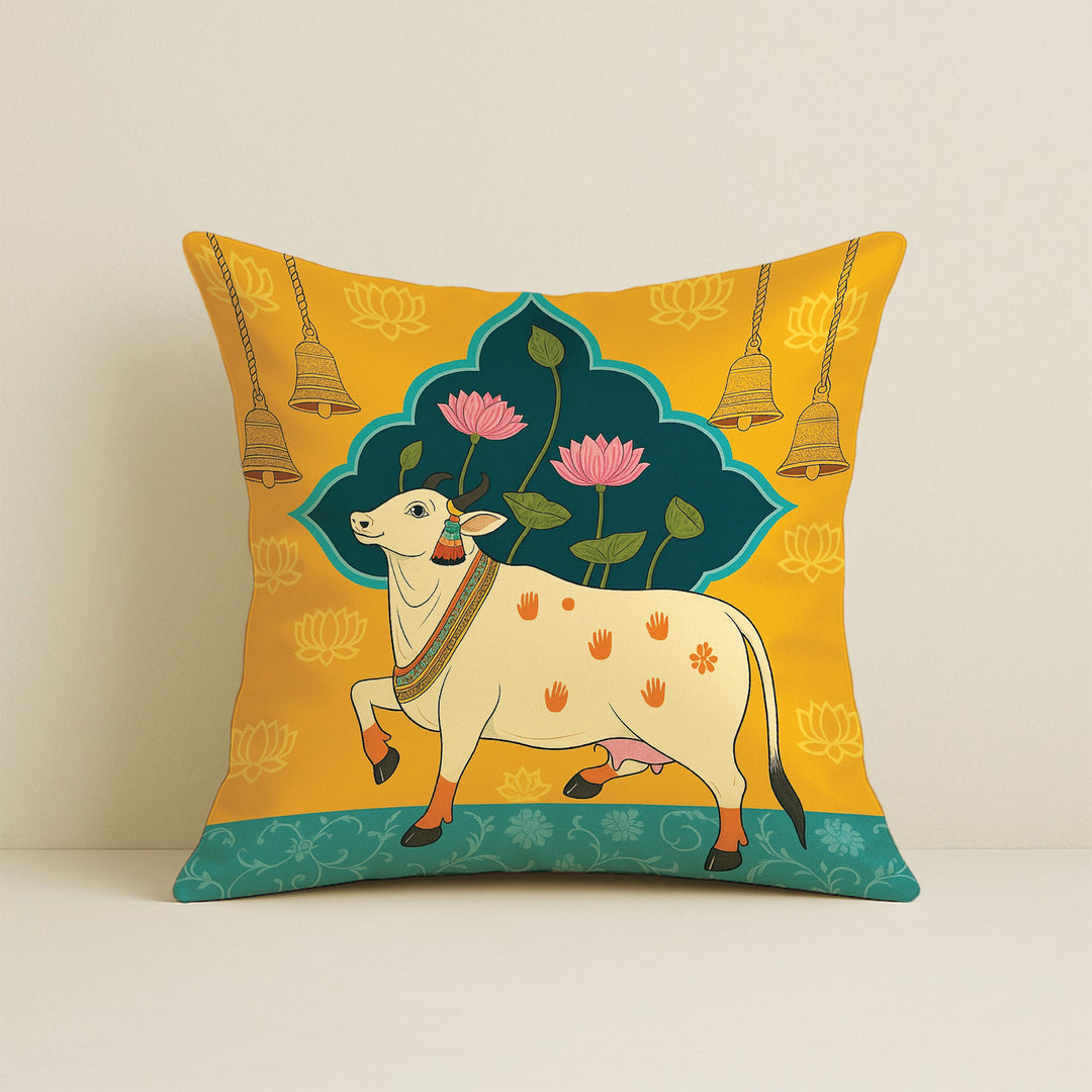 Satin Ethnic Cushion Covers Cow & Lotus Art, Living Room & Festive Décor |24x24 Inches |Set of 2