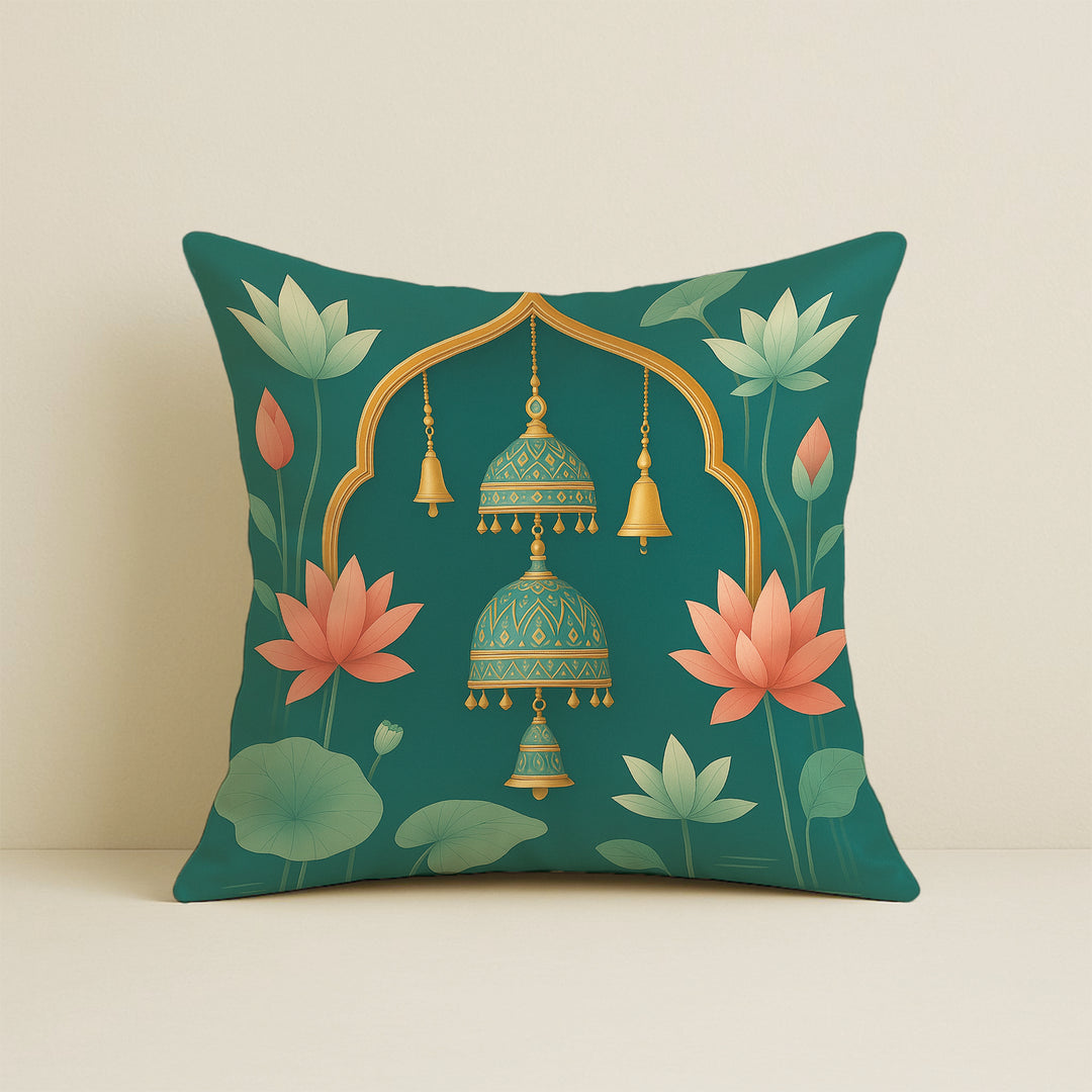 Satin Cushion Covers Green Ethnic Print with Cow, Lotus & Bell Art | 16x16 Inches |Set of 5