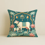 Load image into Gallery viewer, Satin Cushion Covers Green Ethnic Print with Cow, Lotus &amp; Bell Art | 16x16 Inches |Set of 5
