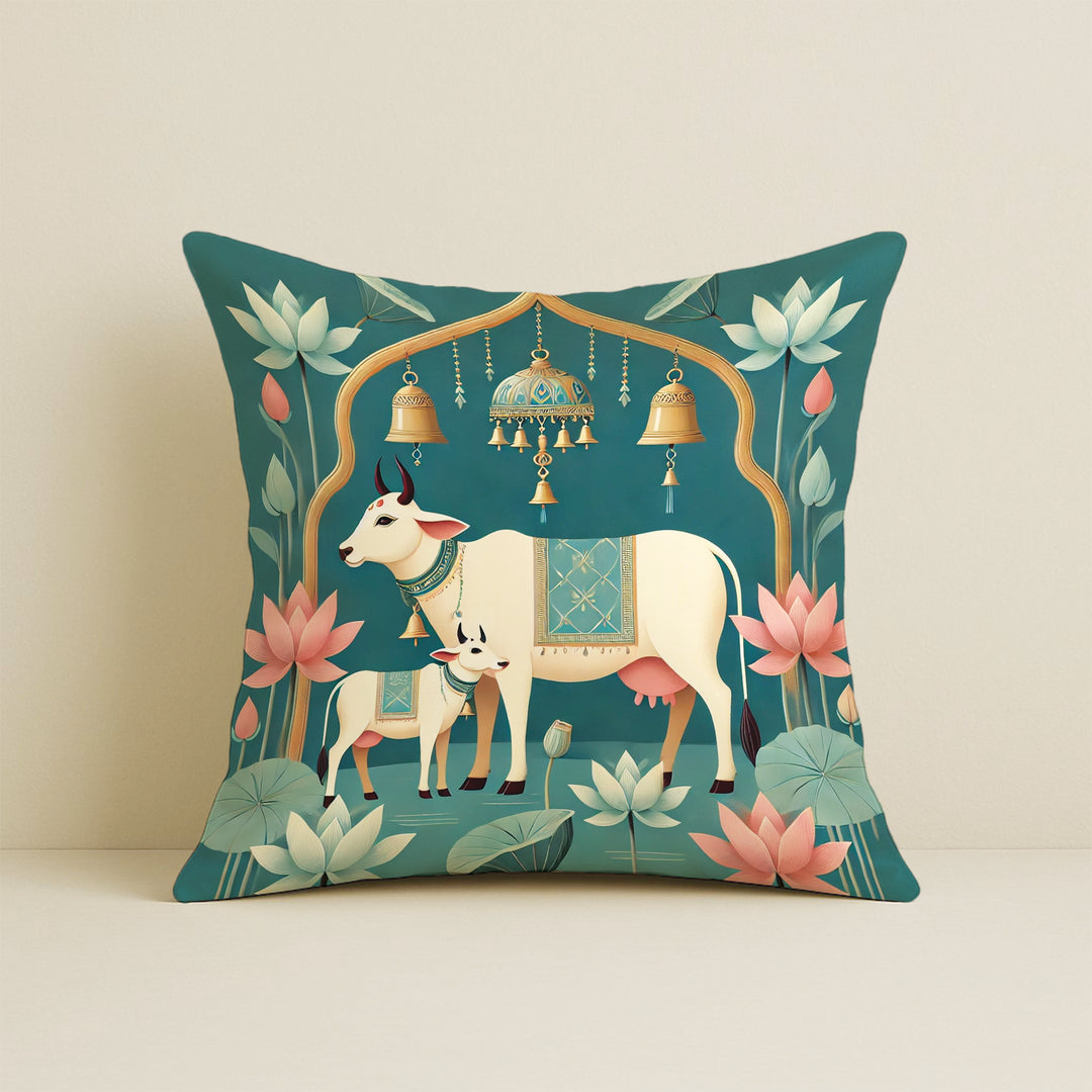 Satin Cushion Covers Green Ethnic Print with Cow, Lotus & Bell Art | 16x16 Inches |Set of 5