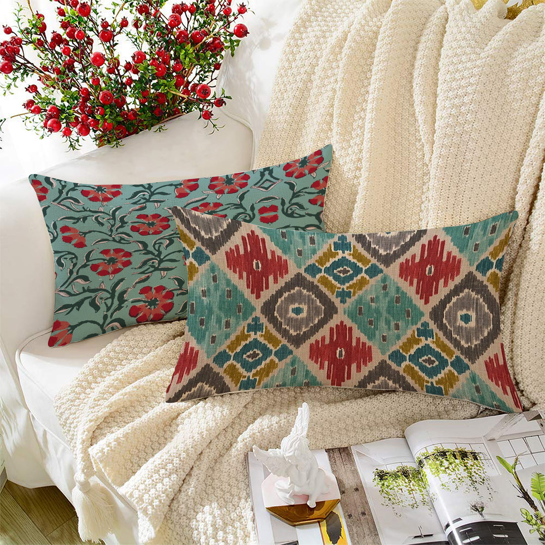 Soft Touch Luxurious Ethnic Printed Cotton Canvas Rectangular Cushion Cover Set of 2