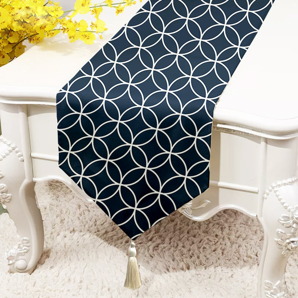 Navy Circle Grid Polycotton Table Runner