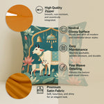 Load image into Gallery viewer, Satin Cushion Covers Green Ethnic Print with Cow, Lotus &amp; Bell Art | 16x16 Inches |Set of 5
