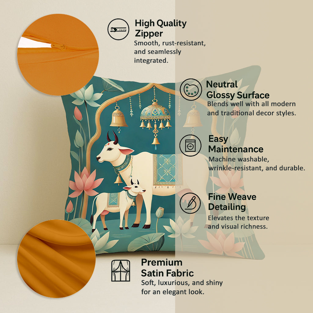 Satin Cushion Covers Green Ethnic Print with Cow, Lotus & Bell Art | 16x16 Inches |Set of 5