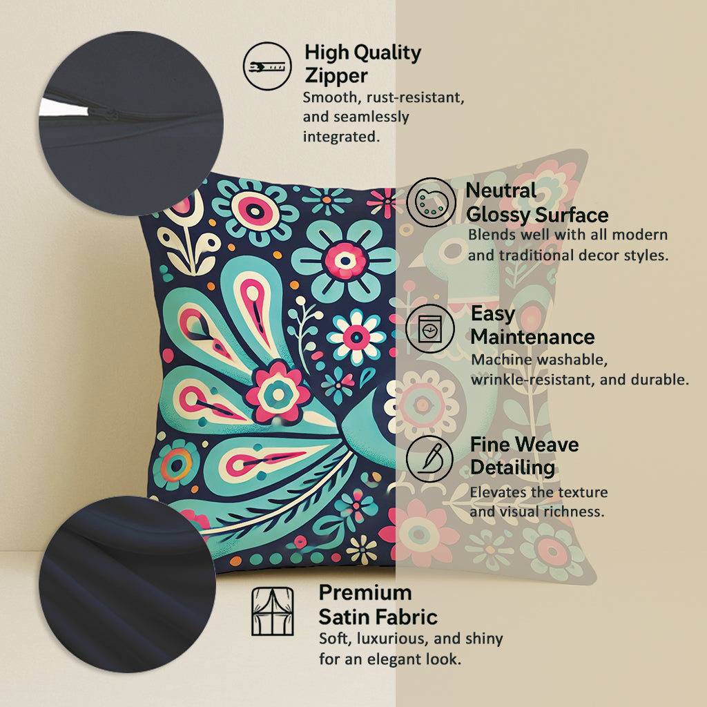 Satin Folk Art Peacock & Botanical Motif Cushion Covers | 24x24 Inches | Set of 2