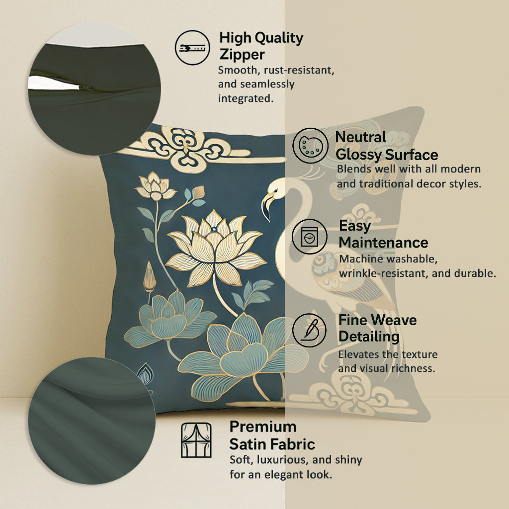 Elegant Satin Cushion Covers – Lotus Pattern & Gold Detailing for Ethnic Interiors | 16x16 Inches | Set of 5