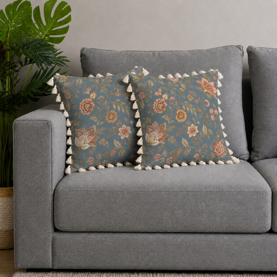 Vintage Floral Polycotton Cushion Covers with Tassels – Set of 2 (24 x 24 in) (Blue)