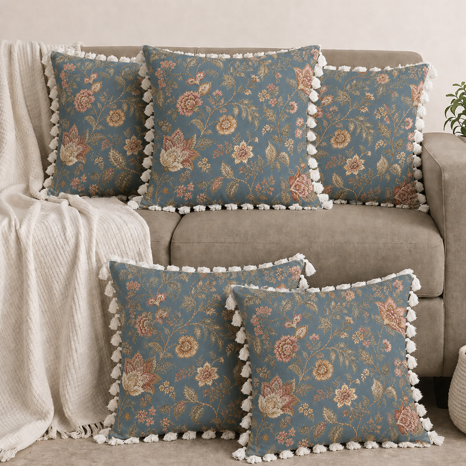 Vintage Floral Polycotton Cushion Covers with Tassels – Set of 5 (16 x 16 in) (Blue)