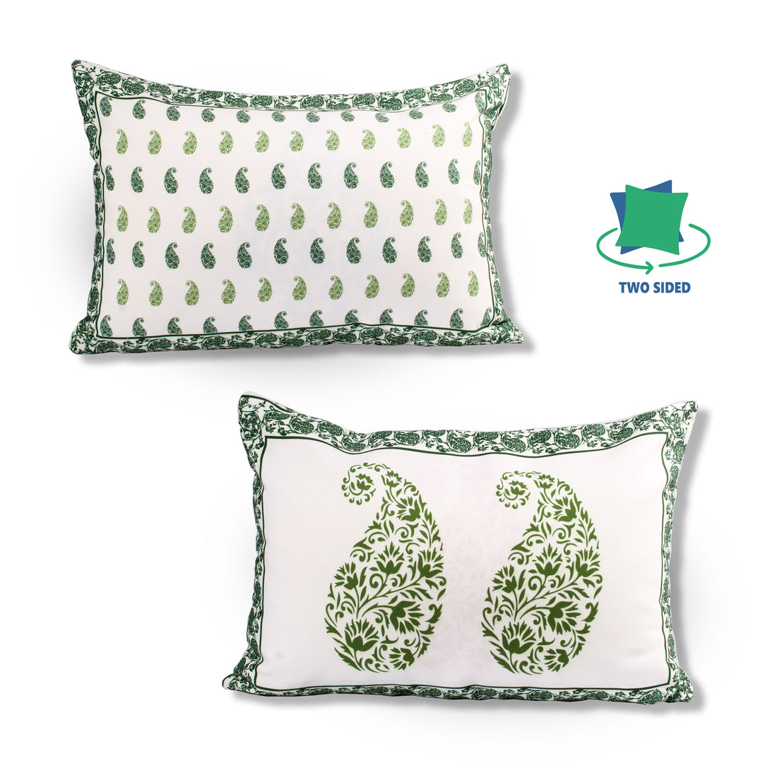 Both Side Block Print Spring Paisley Green Cushion Cover Set of 2 ( 12 X 18 Inches )