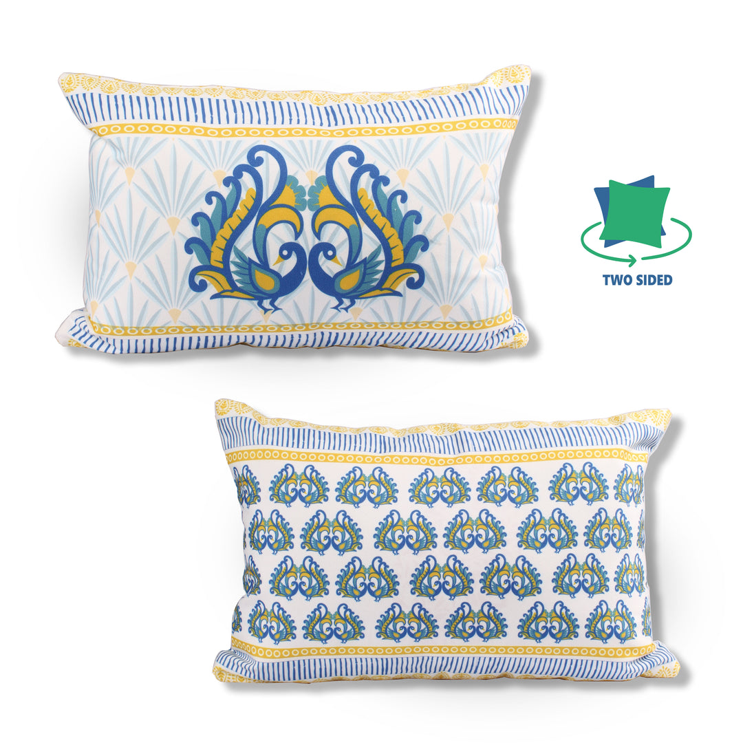 Both Side Block Print Peacock Cushion Cover Set of 2 ( 12 X 18 Inches )