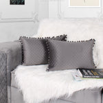 Load image into Gallery viewer, Both Side with PomPom Quilted Velvet Rectangular Cushion Cover (Set of 2), Grey