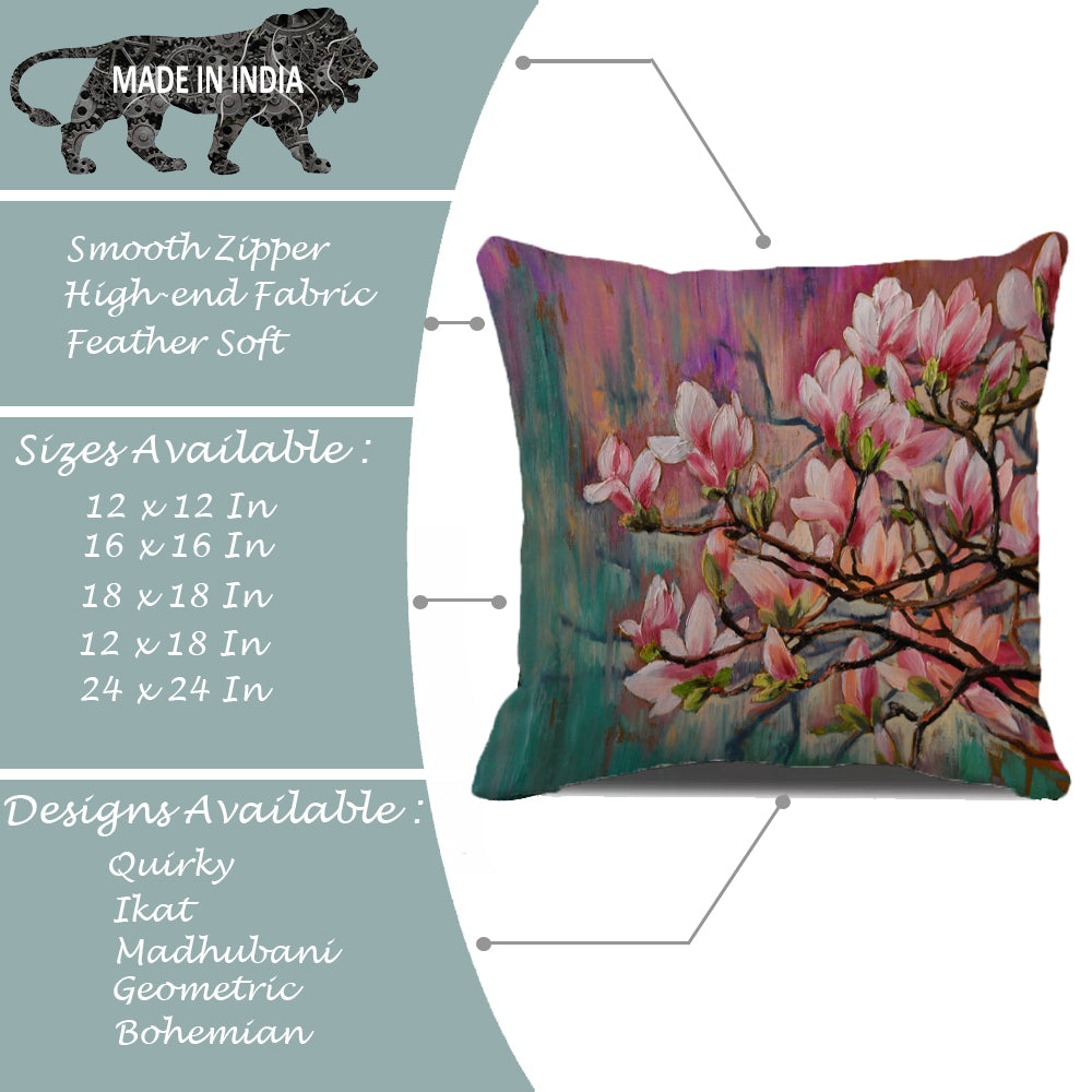 Floral Pink Flower Printed Canvas Cotton Cushion Covers, Set of 5