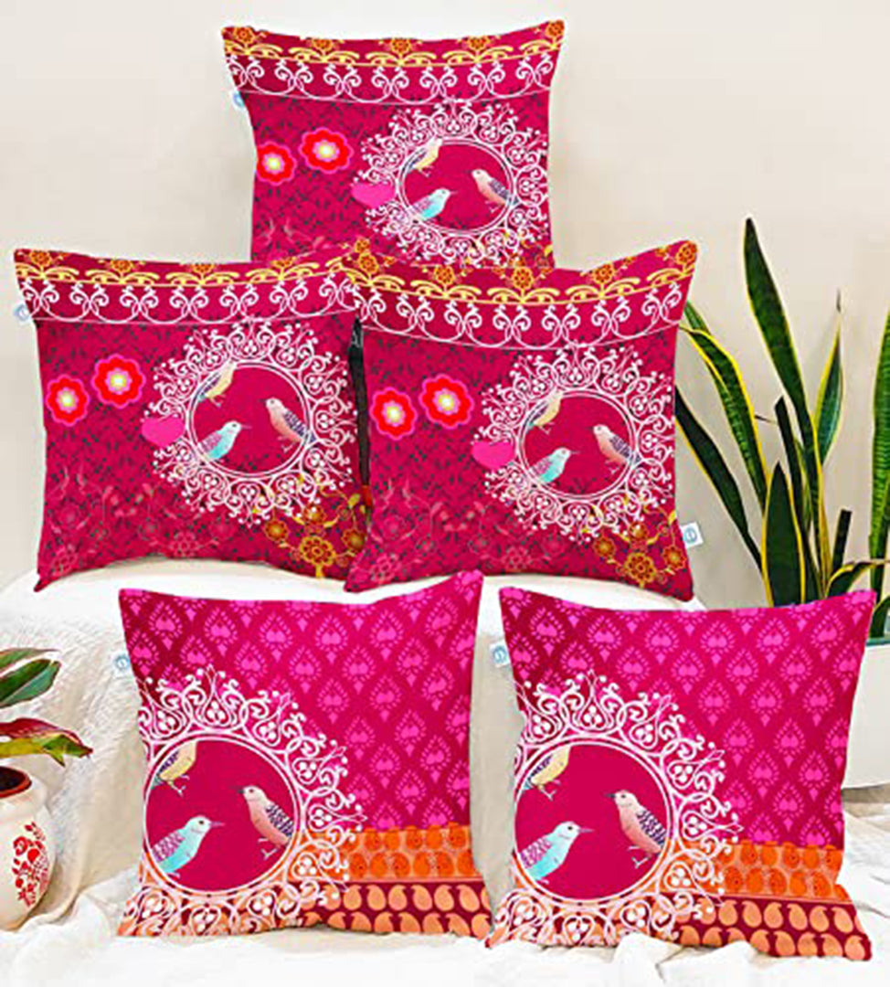 Pink Floral Bird Printed Canvas Cotton Cushion Covers, Set of 5
