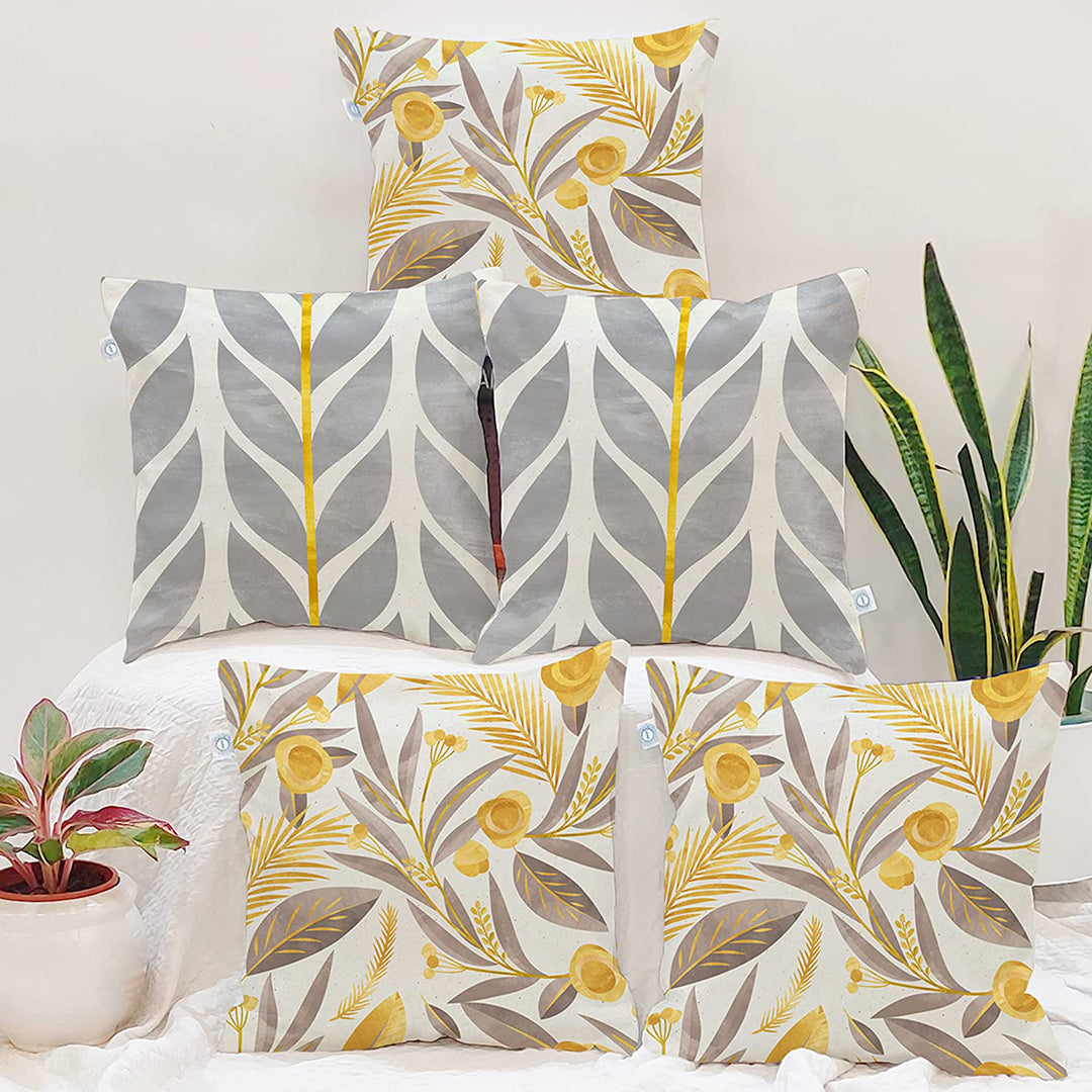 Yellow & Grey Floral Printed Canvas Cotton Cushion Covers, Set of 5
