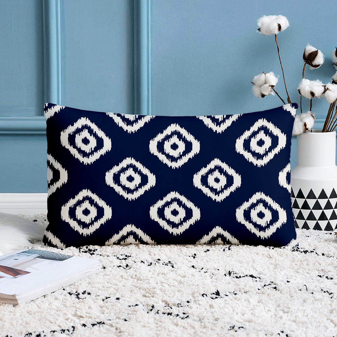 Ikat Blue Geometric Printed Cotton Canvas Rectangular Cushion Cover Pack of 2 ( 12 x 18 Inches )