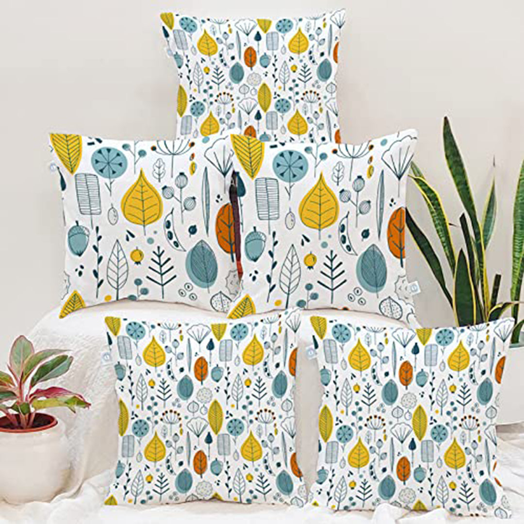 Multi-Color Leaf Printed Canvas Cotton Cushion Covers, Set of 5