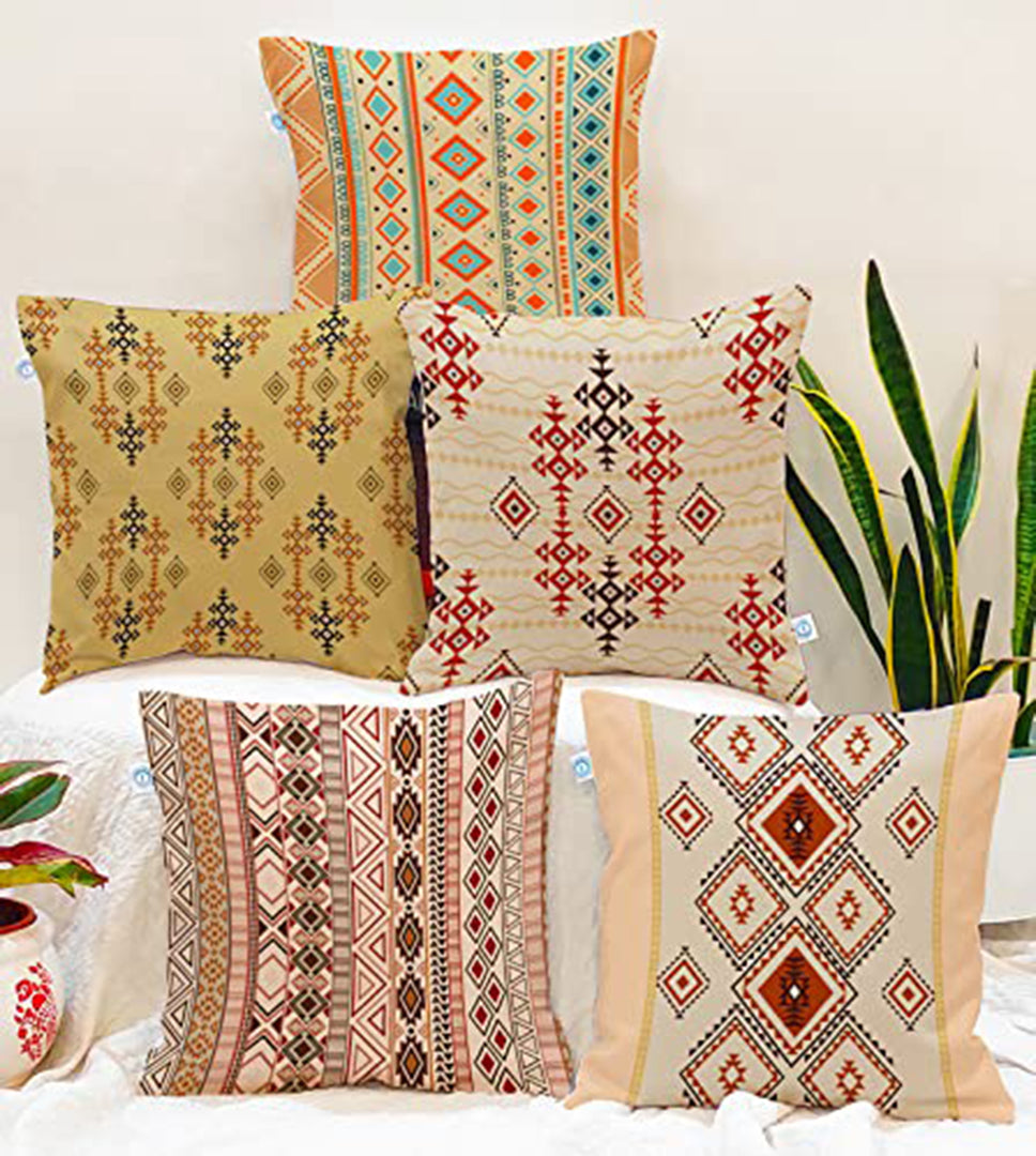 Ethnic Geometrical Printed Canvas Cotton Cushion Covers, Set of 5