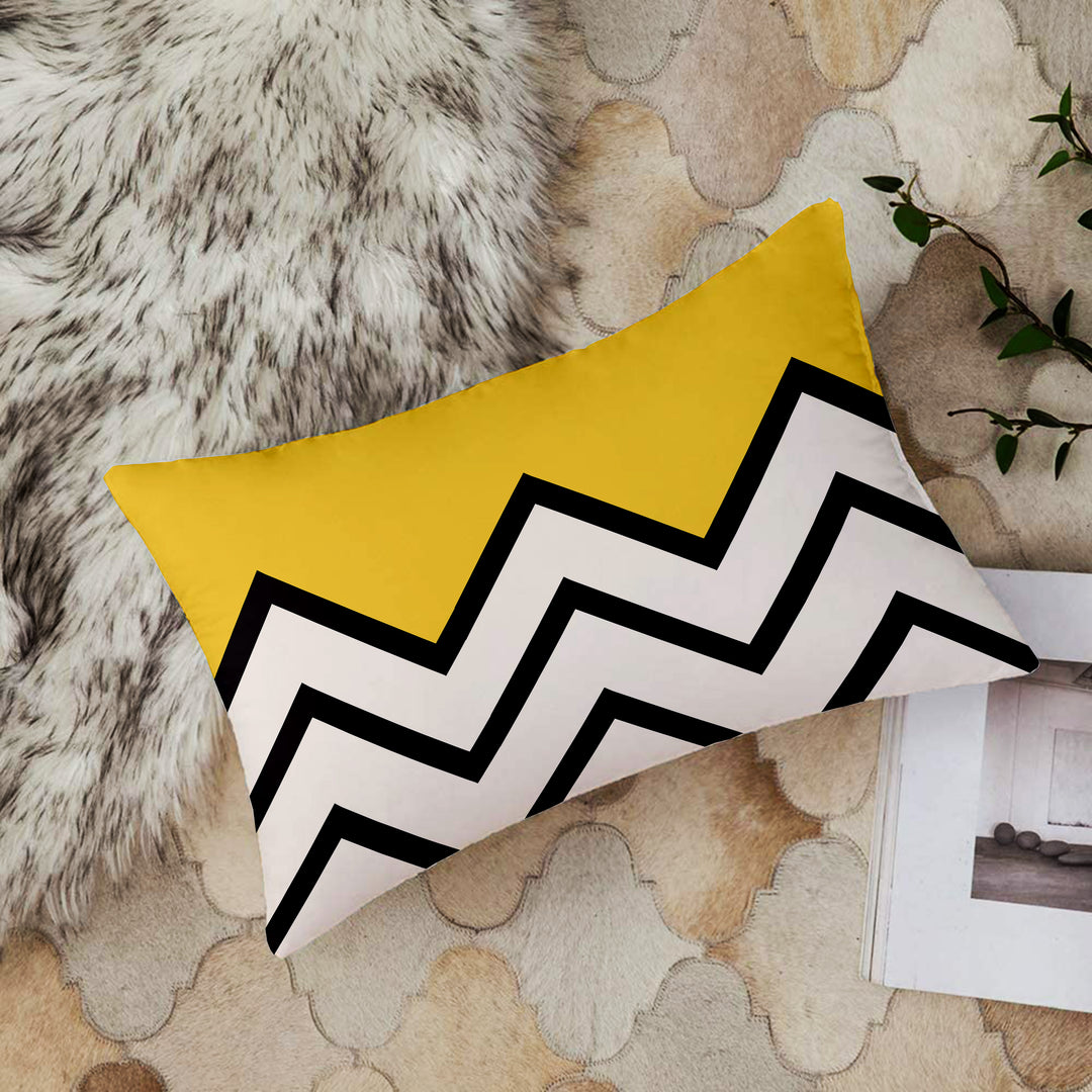 Yellow & Black Geometrical Printed Canvas Cotton Rectangular Cushion Covers, Set of 2