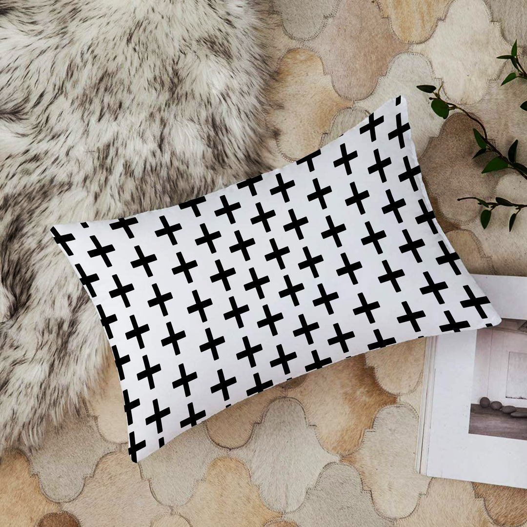 Geometric Black and White Printed Canvas Cotton Rectangular Cushion Cover, Set of 2 ( 12 x 18 Inches )