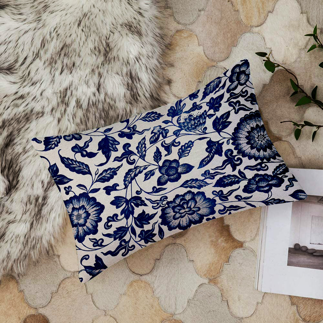 Ethnic Blue Printed Canvas Cotton Rectangular Cushion Covers, Set of 2