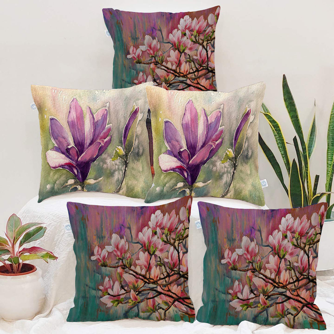Floral Pink Flower Printed Canvas Cotton Cushion Covers, Set of 5