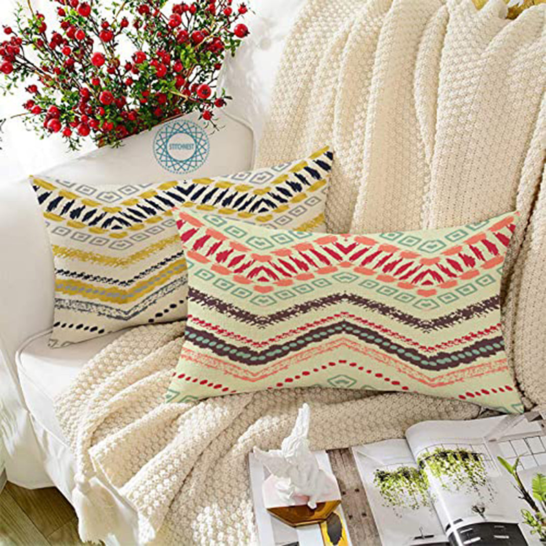 Yellow Geometrical Printed Canvas Cotton Rectangular Cushion Covers, Set of 2