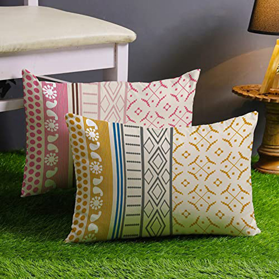 Geometrical Printed Canvas Cotton Rectangular Cushion Covers, Set of 2