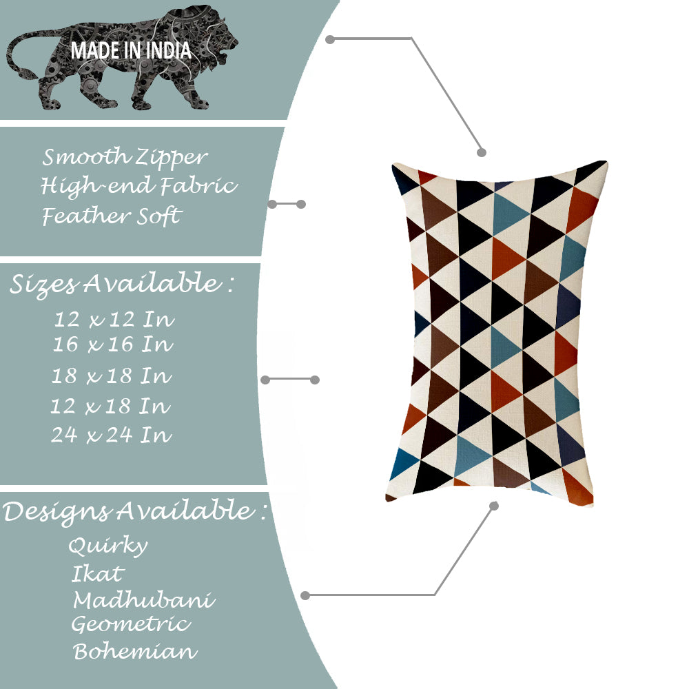 Geometrical Multi color Printed Canvas Cotton Rectangular Cushion Covers, Set of 2 (12 x 18 Inches)