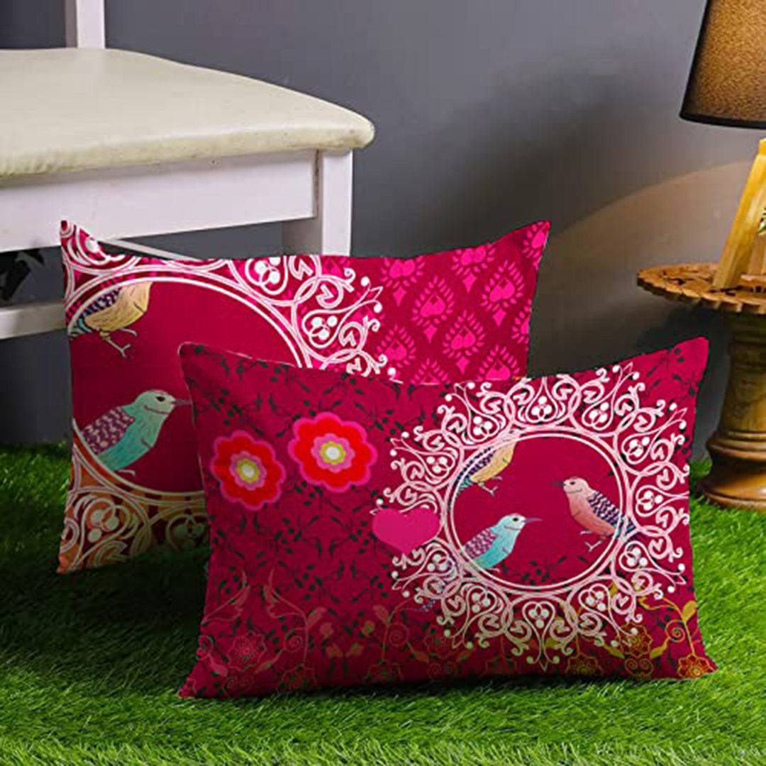 Pink Floral Bird Printed Canvas Cotton Rectangular Cushion Covers, Set of 2