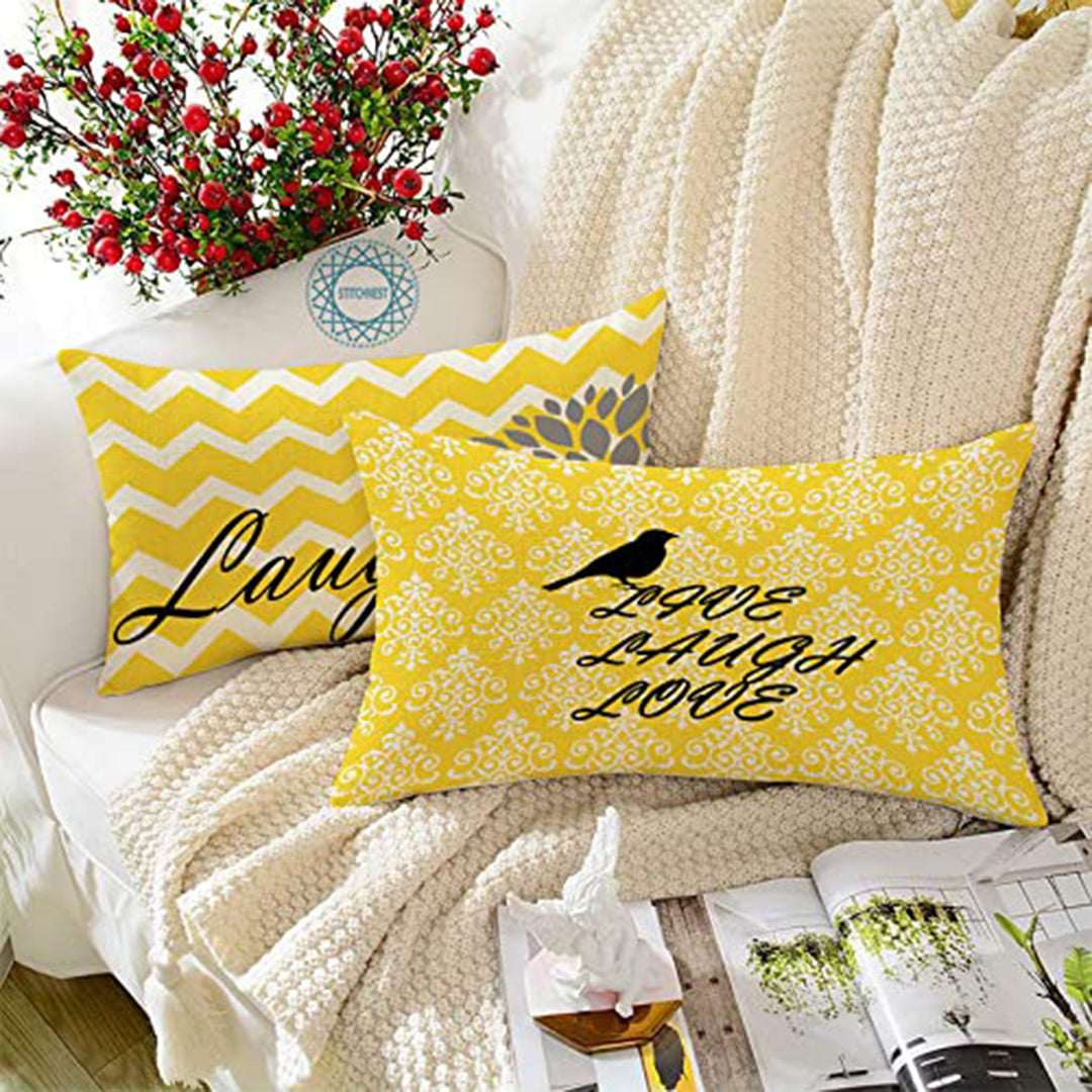 Yellow Bird Floral Printed Canvas Cotton Rectangular Cushion Covers, Set of 2