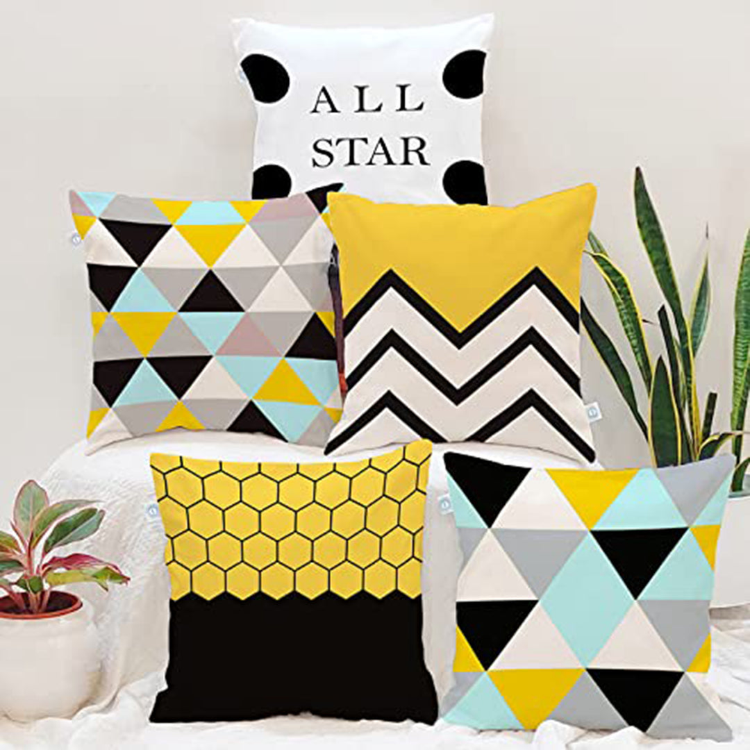 Yellow & Black Geometrical Printed Canvas Cotton Cushion Covers, Set of 5