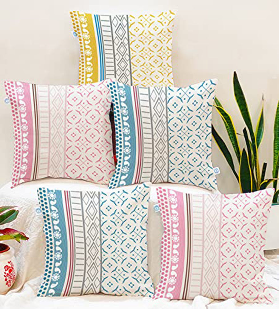 Geometrical Printed Canvas Cotton Cushion Covers, Set of 5