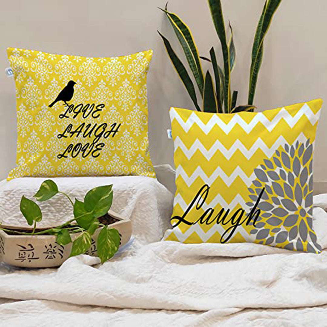 Yellow Bird Floral Printed Canvas Cotton Cushion Covers, Set of 2