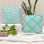 Load image into Gallery viewer, Teal Geometrical Ikat Ethnic Printed Cotton Canvas Cushion Covers, Set of 2 (24 x 24 Inches)