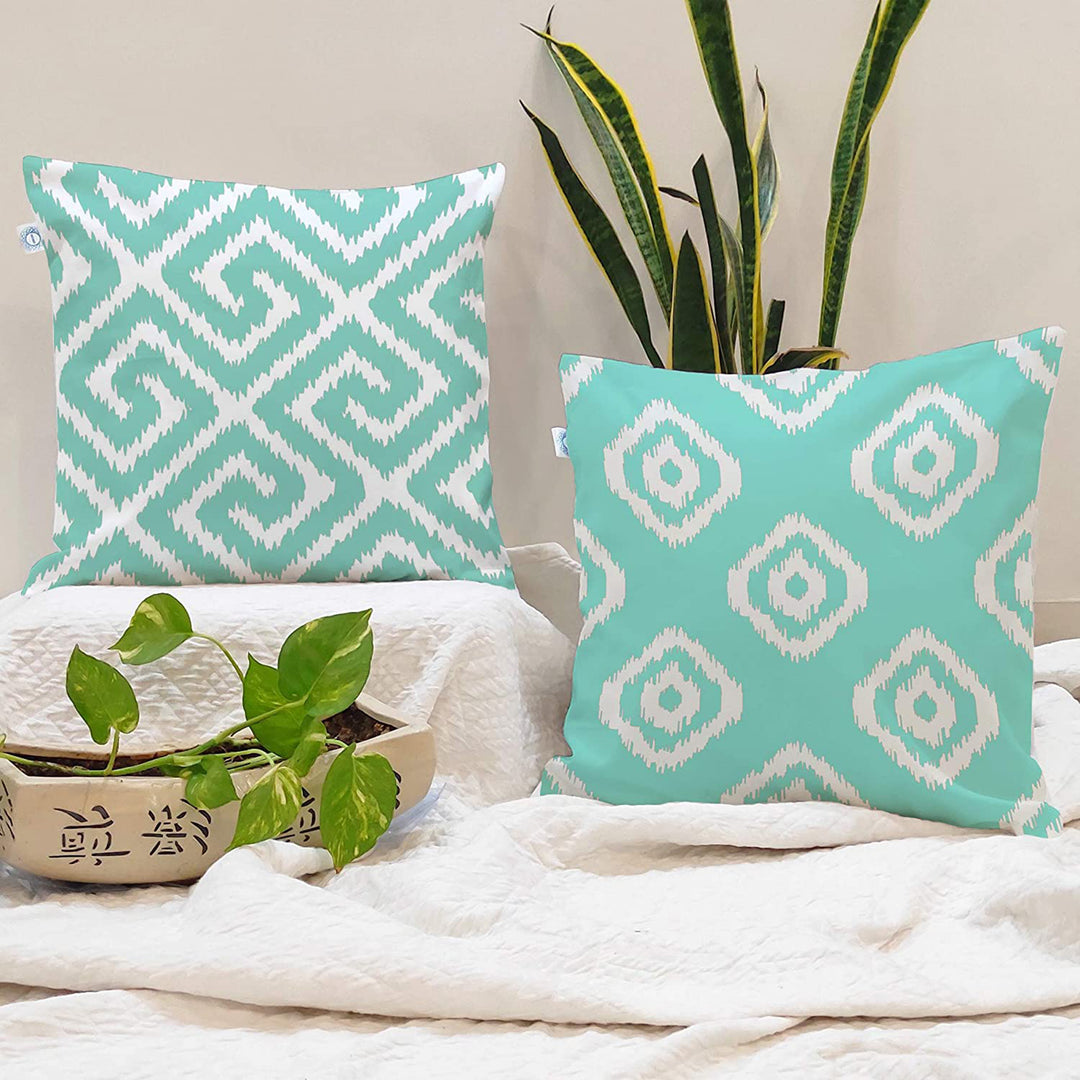 Teal Geometrical Ikat Ethnic Printed Cotton Canvas Cushion Covers, Set of 2 (24 x 24 Inches)