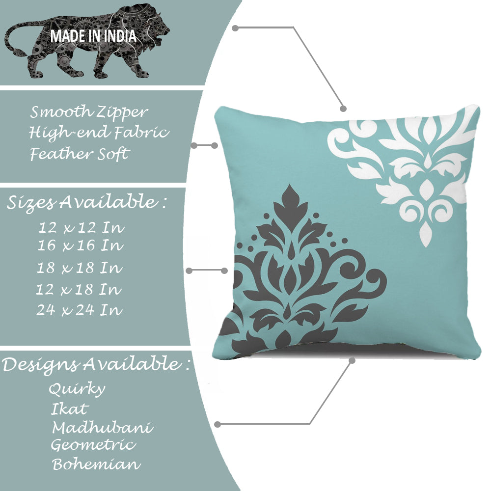 Ethnic Flowers Teal Printed Canvas Cotton Cushion Covers, Set of 2 (24 x 24 Inches)