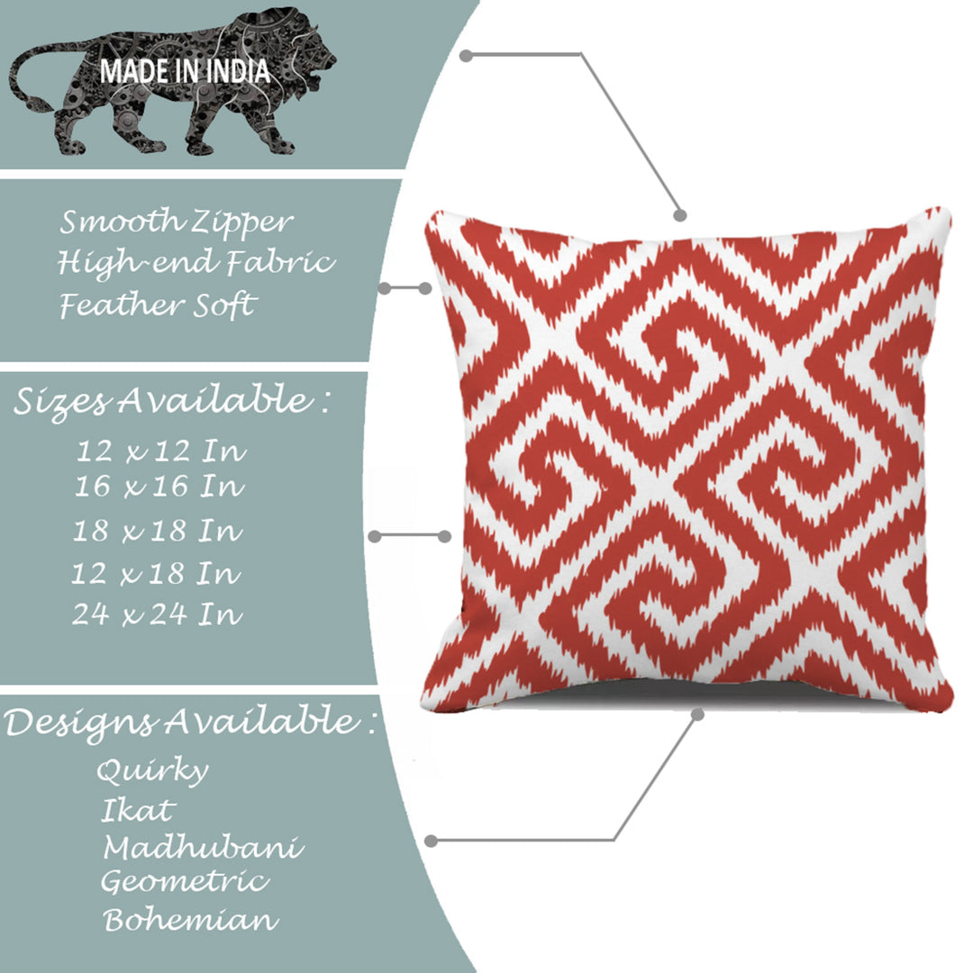 Red Geometrical Ikat Ethnic Printed Canvas Cotton Cushion Covers, Red Set of 2 (24 x 24 Inches)