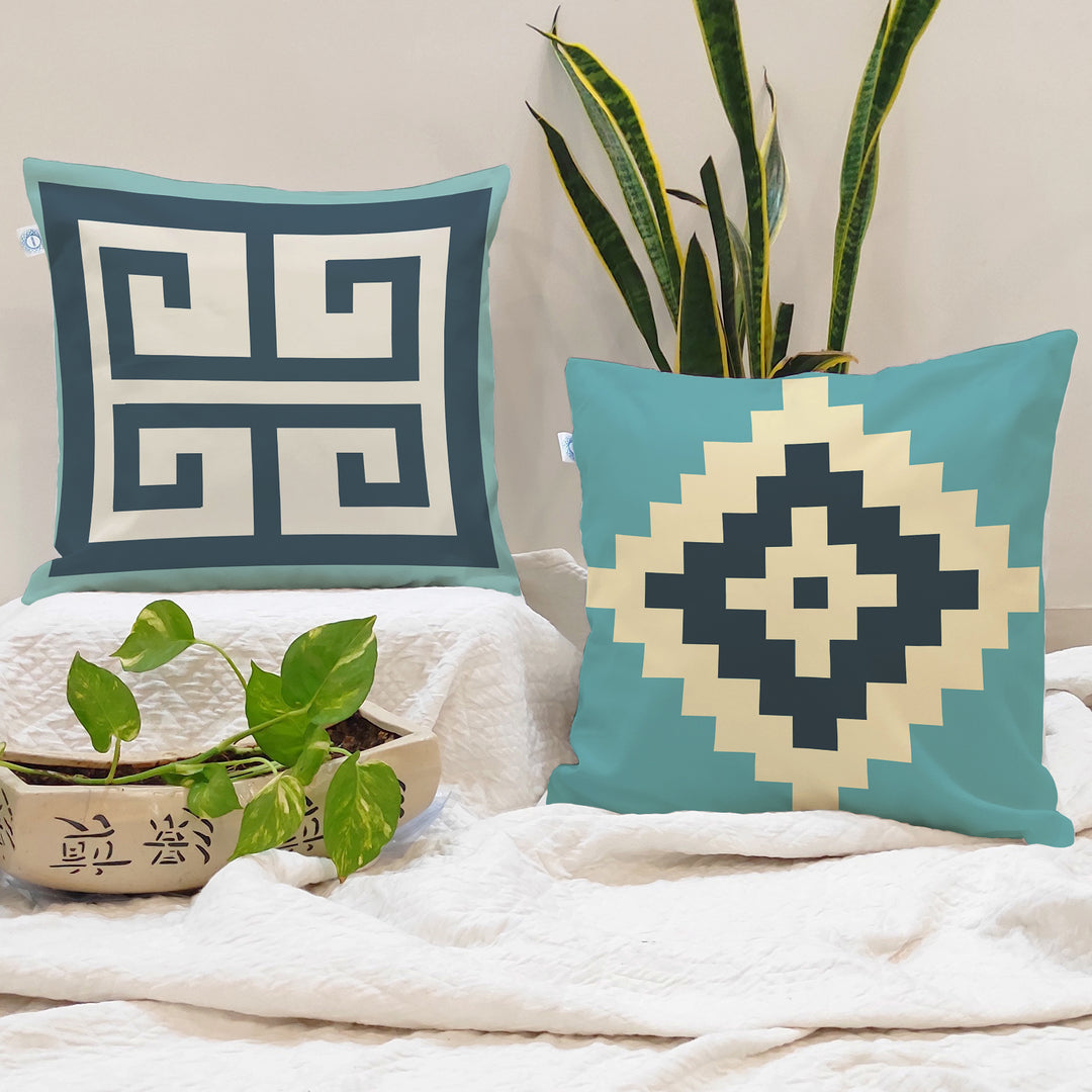Geometrical Printed Canvas Cotton Cushion Covers, Set of 2 (24 x 24 Inches)